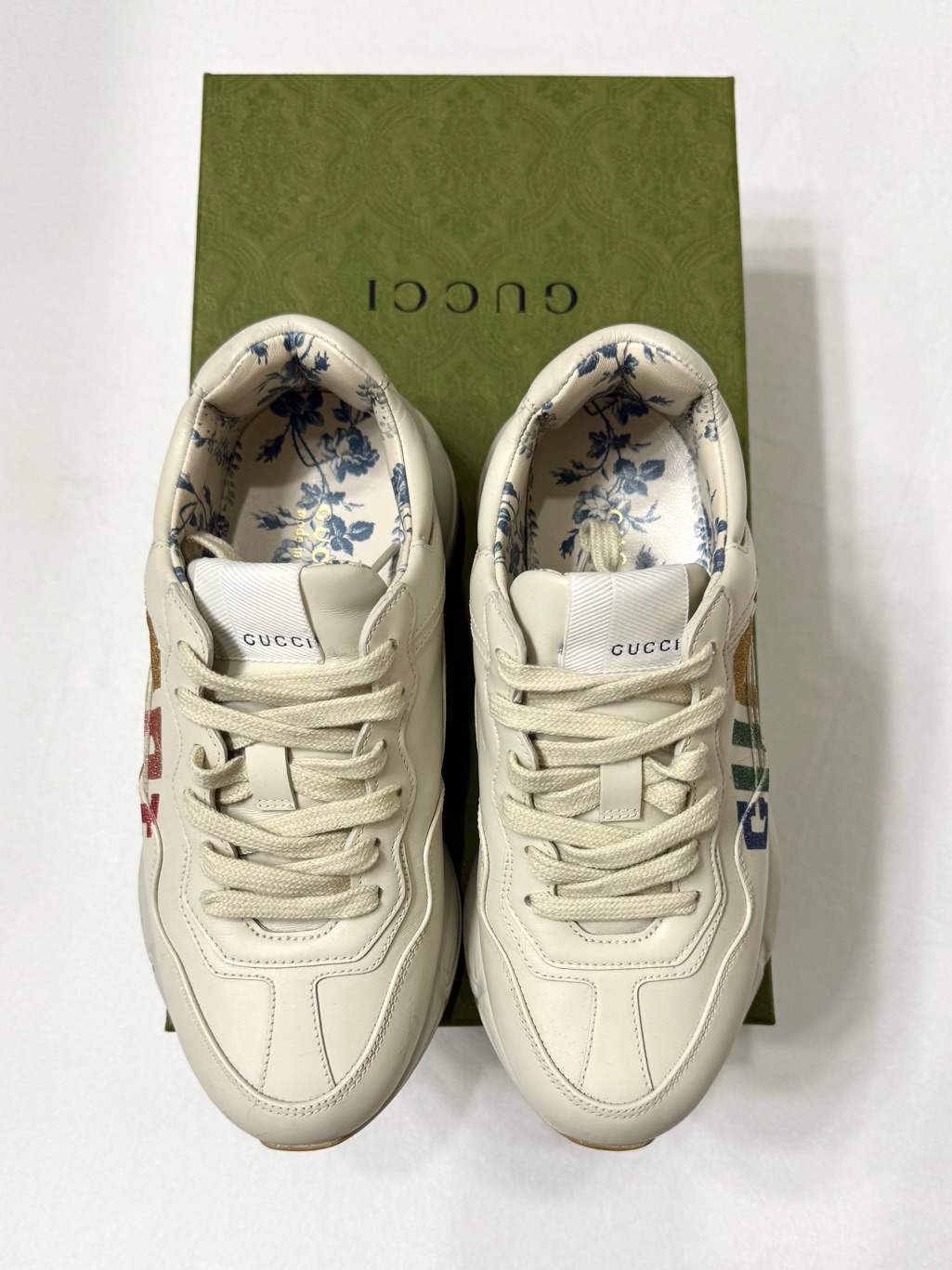Gucci Rhyton Rainbow Logo Floral Toile Sneakers 36.5 White Leather
